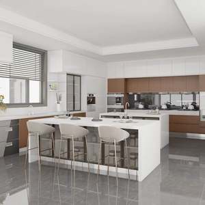 Armoires de cuisine modernes sur mesure avec finition mélamine, comptoirs en stratifié contreplaqué, y compris dosseret - pour usage domestique - Product Image 1