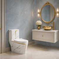WC monobloc en marbre blanc émaillé avec bandes décoratives dorées, WC à double chasse siphonique pour salle de bain moderne