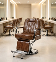 Sillón de Barbería Vintage Retro de Cuero PU Marrón, Hidráulico, Reclinable, Resistente, para Salón de Belleza, Escuela, con Rotación de 360 Grados