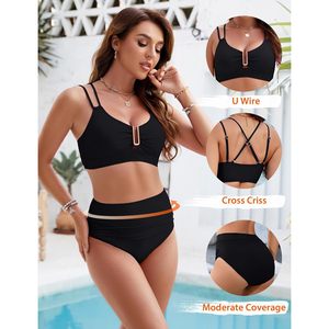 Traje de baño de dos piezas para mujer, de cintura alta, con control de abdomen, diseño recortado, cruzado y fruncido - Product Image 4