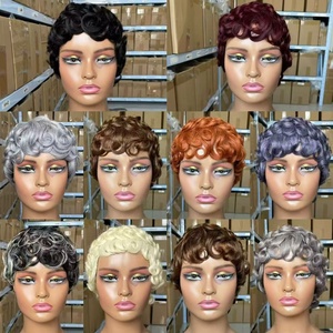 Perruque courte pour femme 100% cheveux humains, coupe pixie ondulée, noir naturel, bonnet <span class=keywords><strong>de</strong></span> perruque fabriqué à la machine - Product Image 3