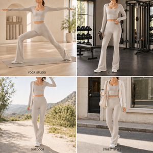 Set Yoga Personalizzato con Logo OEM, Maniche Lunghe, Collo Quadrato, Vita Alta, <span class=keywords><strong>Leggings</strong></span> a Zampa Elasticizzati in <span class=keywords><strong>4</strong></span> Direzioni, Completo Sportivo da <span class=keywords><strong>Donna</strong></span> in 2 Pezzi - Product Image 3