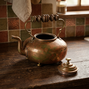 Vintage Metal Tea Kettle With Wooden Handle And <b>Lid</b> Green Patina Finish Water <b>Pot</b> Kettles - Product Image 2