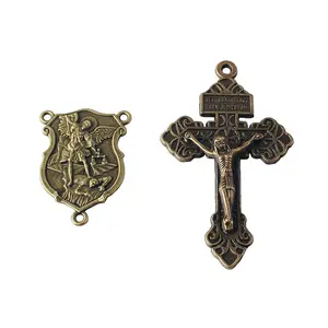 Antique Bronze Plated Accessories Catholic St.Michael Center piece and Pardon Crucifix in Bronze Color for Rosary Making