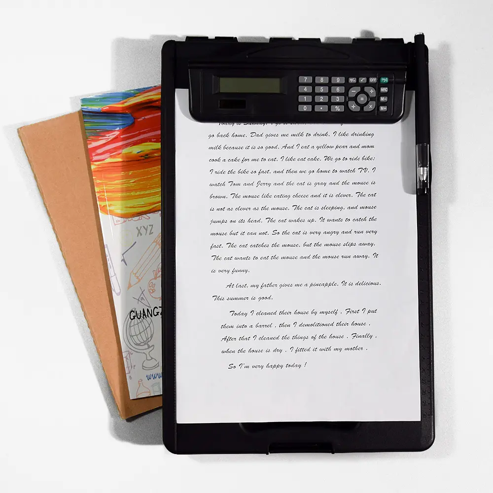 Plastic Clipboard with Solar-Powered Calculator, Bottom Opening Storage Case with Low Profile Clip for School, Office