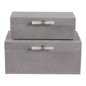 Set di Due Scatole Decorative Moderne per Conservazione con Manico in Pietra e Coperchio, Organizer per Gioielli e Ricordi, Finitura in Velluto Grigio - Product Image 4