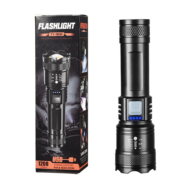HL124 2024 High Power Led Flashlight Type c High Power P50 Rechargeable Torch Led Flashlight Strong ABS Body