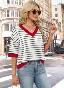 <span class=keywords><strong>Pull</strong></span> en tricot crocheté surdimensionné WIHOLL pour femme, manches 3/4, style coréen, motif rayé, longueur courte, <span class=keywords><strong>col</strong></span> en <span class=keywords><strong>V</strong></span>, pour la mode d'automne - Product Image 3