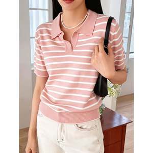 เสื้อสเวตเตอร์แขนสั้นลายทางผู้หญิง S สีเบจลายทางสีดำเสื้อถักสวมใส่สบายๆ - Product Image 4