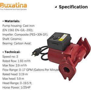 ปั๊มหมุนเวียนน้ำสามระดับความเร็ว 115V 17GPM สำหรับเปลี่ยนทดแทน Grundfos UPS15-58FC  วัสดุเหล็กหล่อสีแดง สำหรับติดผนัง ระบบ HVAC - Product Image 4