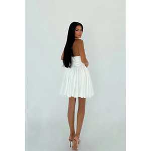 <b>White</b> Estella Modest Kaftan Dress Mini <b>Skirt</b> Balloon Hem Zipper Decoration Square Collar Puff Sleeves XS XL Elegant for Date Day - Product Image 1