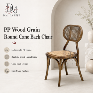 Chaise de mariage ronde en PP imitation bois avec dossier en rotin et siège rembourré pour la location événementielle et la vente en gros - Product Image 1