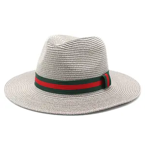 定制女男夏季遮阳帽绿色红色条纹丝带装饰纸草帽