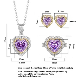 Fashion Eco-friendly Copper Two Tone Heart 10*10-6*6mm Purple High Carbon Diamond Jewelry Wedding Necklace <b>Earrings</b> Ring <b>Set</b> - Product Image 2