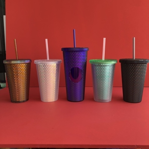16oz glitter cold doubler wall bing matte grid bicchiere acrilico bicchieri in plastica con diamante bicchieri con coperchio e cannuccia - Product Image 2