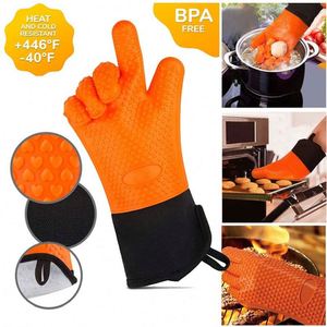 BBQ Silicone <b>Gloves</b> 15'' Extra <b>Long</b> Heat Resistant Grilling Cooking Pot Holders Silicone Mitts with Quilted Cotton Lining - Product Image 5