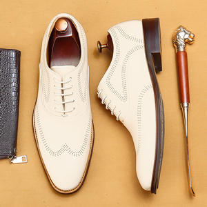 High Quality Fashionable <b>White</b> Genuine <b>Leather</b> Lightweight Breathable Lace-Up Closure Toe English Brogue Men's Business Formal - Product Image 4