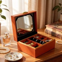 Boîte à bijoux rectangulaire élégante en cuir orange avec miroir carré, organiseur de bijoux à compartiments, cadeaux de mariage, emballage cadeau de luxe