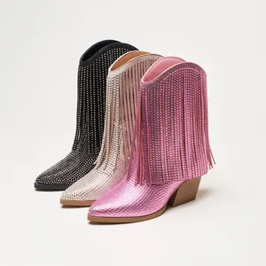 Botas de cowboy ocidentais femininas com bico fino e salto grosso com borla e strass de cristal por atacado de fábrica