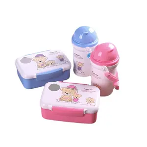 Groothandel Draagbare Kinderen Cartoon Lunchbox Met 500Ml Strofles Plastic Bento Lunchbox Met Water Cup Set