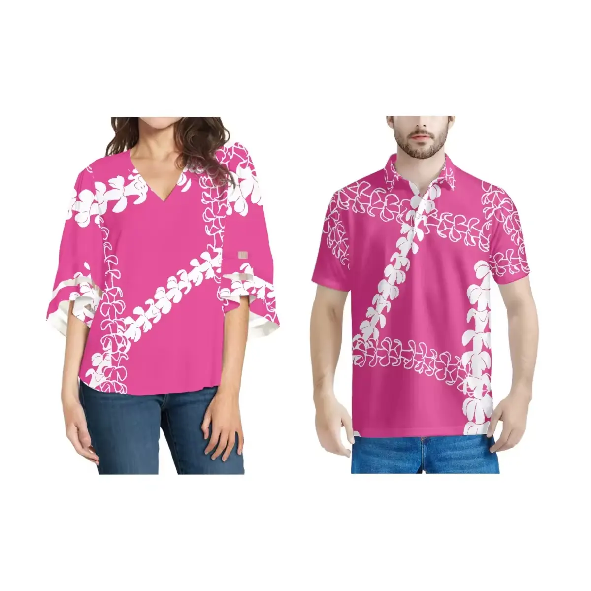 สไตล์ฮาวายคู่ฤดูร้อนเสื้อ Puakenikeni Lei ดอกไม้ออกแบบชีฟองด้านบนและโปโลผู้ชายเสื้อยืดฤดูร้อน Custom พิมพ์เสื้อ
