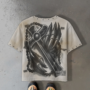 T-shirt da uomo personalizzata OEM ODM oversize, taglio corto, lavaggio acido, 100% cotone, stampa grafica tigre e croce, effetto distressed e sfilacciato, stile grunge Y2K - Product Image 1