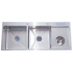 Évier en acier inoxydable à double cuvette fait à la main avec égouttoir et trou à ordures à double trou - Product Image 1