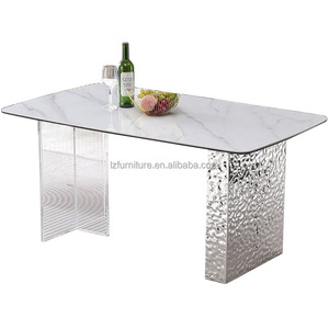 Juego de Comedor de Lujo con Mesa Rectangular de Losa de Roca con Patrón de Mármol, Base de Metal Dorado y 6 Sillas, Muebles para Hogar, Restaurante y Hotel - Product Image 4