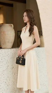 Robe midi d'été ivoire pour femme, sans manches, col chemise, élégante, taille ajustée, pour affaires, faible MOQ, vente en gros, prête à être expédiée - Product Image 6