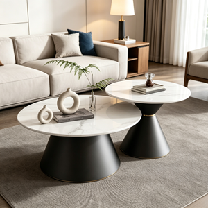 Ensemble de tables basses gigognes rondes minimalistes noires avec plateau en marbre et piédestal conique, style luxe léger, pour salon et hôtel - Product Image 1