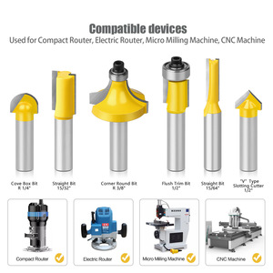 Lama Doppia in Carburo di Tungsteno con Gambo Rotondo da 6mm, 1/4" e 8mm, 45° #   Set di 6 Frese per Router con Corpo in Acciaio e Scatola in Legno - Product Image 2