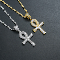 CN340 Collier chaîne corde Hip Hop avec pendentif petit croix en laiton plaqué or et micro-pavé de zircone cubique, Bijoux unisexe, Cadeau de fête