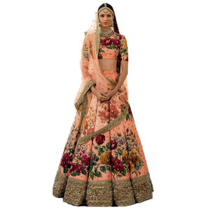 Magnifiques robes de soirée Lehenga Choli élégantes brodées de créateurs de pêche - Product Image 1