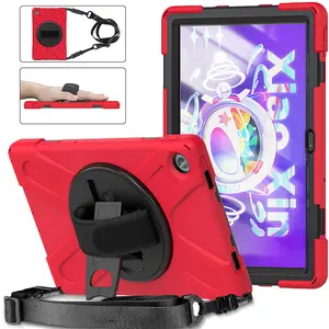 For Lenovo Tab M10 Plus 3rd Gen 2022 10.6" TB-125F TB-128F Silicone Shockproof Shoulder Strap Rotation Stand Rugged Tablet Case