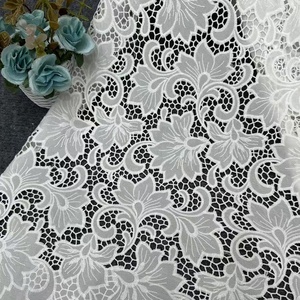 Tela Bordada <span class=keywords><strong>con</strong></span> Corte Láser, Encaje Floral Blanco, Tela Bordada Calada para Vestido de Novia, Vestido de Noche, Costura - Product Image 1