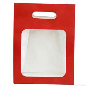 Empaque Personalizable con Asa Troquelada para Postres de Frutas en Bolsas de Papel Kraft Rojo con Ventana Transparente - Product Image 1
