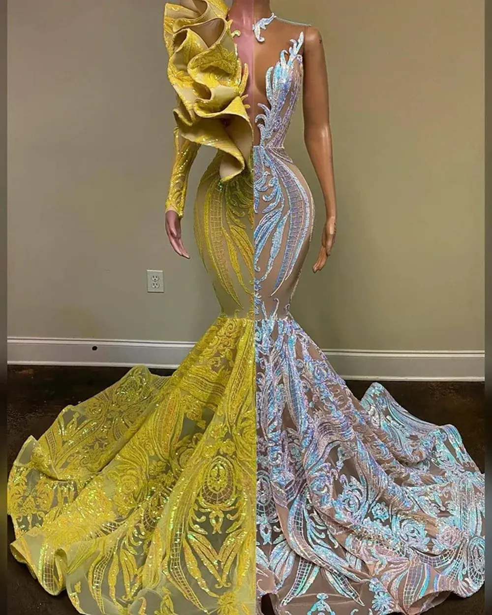 Designer 2 สีชุดราตรีGorgeousเลื่อมAppliqueอย่างเป็นทางการ 2024 Prom Gownsหนึ่งไหล่แขนยาวMermaid Party