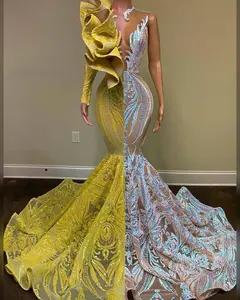Gaun malam desainer dua warna payet cantik Applique Formal 2024 gaun Prom satu bahu lengan panjang pesta putri duyung