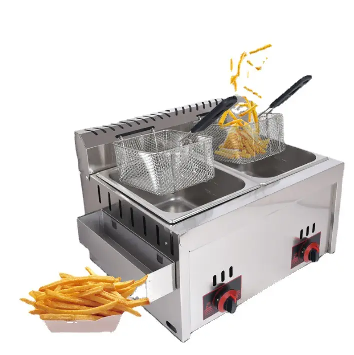 10 + 10L Gas Deep Fryer silinder ganda dan layar ganda kentang goreng dan ayam goreng pengaturan kios mesin makanan ringan