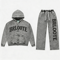 Sweat à capuche zippé en coton surdimensionné, délavé effet acide, brodé, personnalisé pour homme, avec strass et effet vieilli, ensembles de sweats à capuche vintage