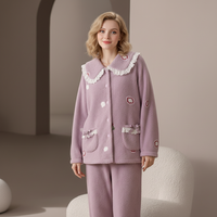 Ensemble de pyjama en polaire à manches longues personnalisé OEM ODM avec logo pour femmes, vêtements de détente d'hiver épais, commandes en gros