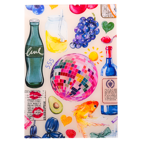 Dịch vụ in UV bán nóng trên Acrylic: Mô hình đầy màu sắc và chiết trung với chai nước uống, bóng sàn nhảy và biểu tượng trái tim - Product Image 1