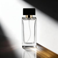 Flacon de parfum carré transparent de 60 ml, 80 ml, 100 ml avec bouchon noir et col doré, emballage de luxe pour parfum, impression sérigraphique