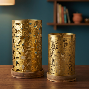 Vintage Gold Wood and Metal <b>Lantern</b> <b>Lamp</b> Natural Feature Hurricane Vintage <b>Lantern</b> - Indian Home Crafts - Product Image 2