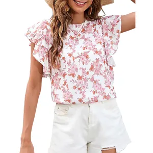 Latest Designs Flower Print Ruffle Lady Loose Casual Chiffon Shirt Tops Blouse