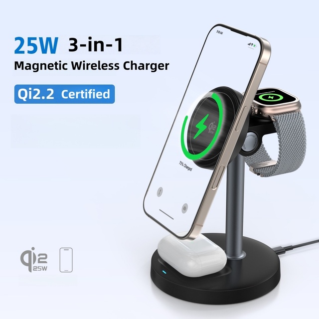 Q I2.2 25W Magnetic Semi-conduct Wireless Fast Charger Fast 3-in-1 Charging Station for Iphone 17 16 IWatch AirPods