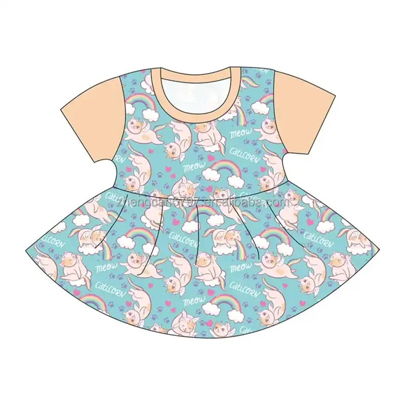 Custom Baby Boutique Skirt Rainbow Cat Printed Short Sleeve Dresses For Teen Girls Kids Frock Cotton For Summer