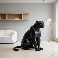 Sculpture d'animal de dessin animé Panthère noire en fibre de verre |   Art personnalisé grand format 3D peint à la main pour une utilisation en intérieur/extérieur |   Centre commercial