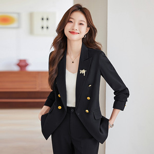 Women's Suit Set Solid Color Polyester Anti-Wrinkle Double Breasted Work Uniform Professional Attire For Office Wear - Product Image 3