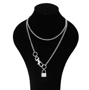 New Stainless Steel Lock Pendant Necklace Double Long Chains Stainless Steel Necklace